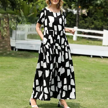 2023 Платья Макси для отдыха, женское летнее пляжное платье Макси, удобный плиссированный Свободный сарафан с коротким рукавом и повседневным принтом