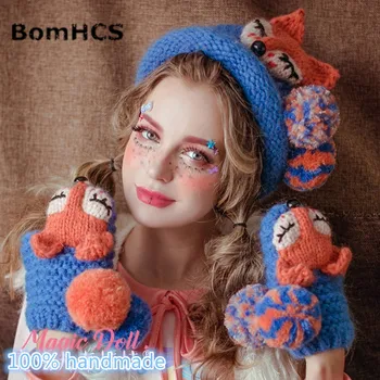 BomHCS Милая шапочка с лисой, перчатки ручной работы, зимняя теплая толстая вязаная шапка, забавные кепки (размеры для детей 48-50 см, L для взрослых 53-61 см)