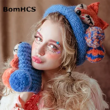 BomHCS Милая шапочка с лисой, перчатки ручной работы, зимняя теплая толстая вязаная шапка, забавные кепки (размеры для детей 48-50 см, L для взрослых 53-61 см) Изображение 2