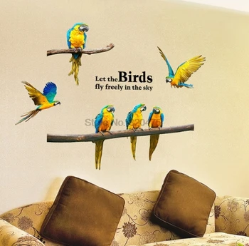 DHL 100шт Наклейки на стену Попугай Творческая личность Птица Наклейки для спальни Фон Диван Обои с животными