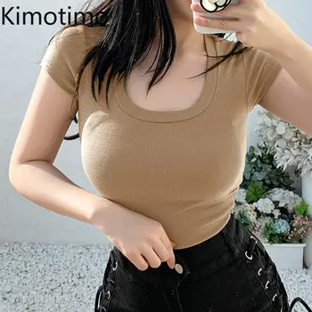 Kimotimo Простые однотонные футболки с коротким рукавом, женские летние Сексуальные облегающие повседневные топы с U-образным вырезом, Корейские темпераментные нежные футболки