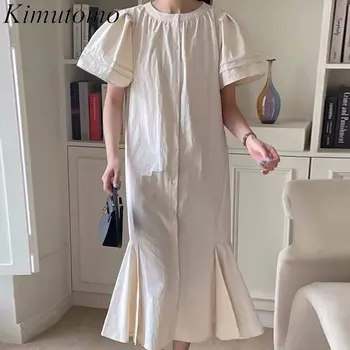 Kimutomo, Элегантное свободное платье с однотонными складками, Женское повседневное Простое платье с круглым вырезом и пышными рукавами, Длинные платья с одной грудью, Ins