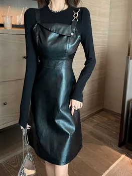 Женский комплект из двух предметов, шикарный осенний модный черный вязаный свитер с длинным рукавом и мини-платье на тонких бретельках из искусственной кожи, костюмы