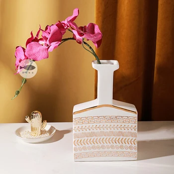 Керамическая ваза в скандинавском стиле с золотым орнаментом, креативное украшение дома, современная минималистичная ваза для цветов в гостиной