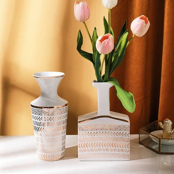 Керамическая ваза в скандинавском стиле с золотым орнаментом, креативное украшение дома, современная минималистичная ваза для цветов в гостиной Изображение 2