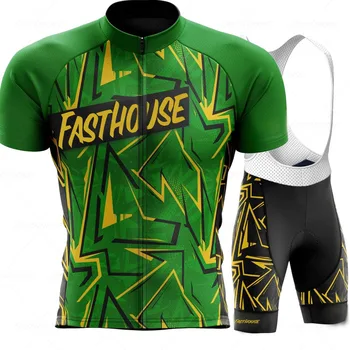 Командная Велосипедная Майка 2023 Комплект Зеленой Одежды FASTHOUSE С Коротким Рукавом Мужская Рубашка Для Шоссейного Велосипеда Костюм Нагрудник Шорты MTB Maillot Ropa Изображение 2
