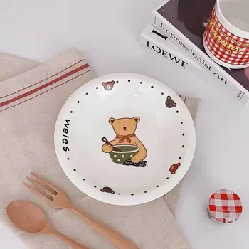 Корейская ins тарелка с милым мультяшным медведем, керамическая тарелка с отбортовкой в виде тюльпана, блюдо для пасты, тарелка для фруктового салата, суповая тарелка