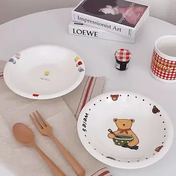 Корейская ins тарелка с милым мультяшным медведем, керамическая тарелка с отбортовкой в виде тюльпана, блюдо для пасты, тарелка для фруктового салата, суповая тарелка Изображение 2